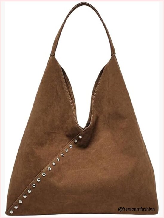 Handbags - Large Capacity Faux Suede Hobo Shoulder Tote Bag with Studded Decor